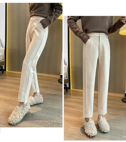 Woolen Pants Women's Harem Pencil Pants 2024 Autumn Winter High Waist Casual Pantalones Beige Black Women Ankle-Length Trousers