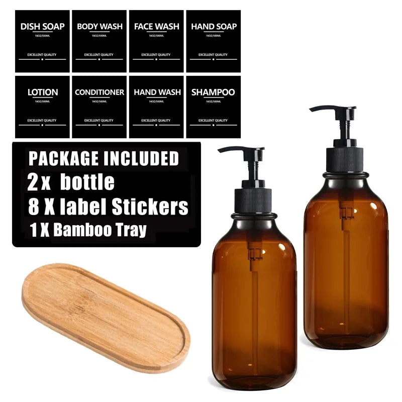 Brown Hand Soap Bottle Set with Sticker Shower Gel Household Shampoo Dispenser 500ml Liquid Container Bathroom Accessories