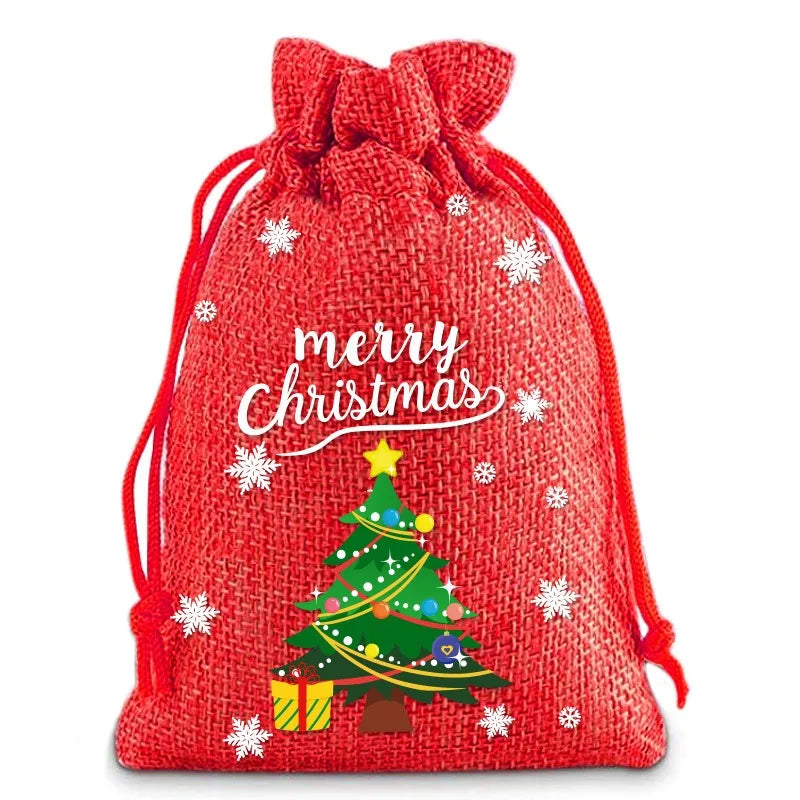 Linen Cotton Drawstring Bags Merry Christmas Decoration 2024 Christmas Navidad Natal New Year 2025 Packing Gift Candy Bag