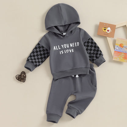 Pudcoco Newborn Baby Boys Pants Set, Long Sleeve Hooded Plaid Letters Print Hoodie Elastic Waist Sweatpants Infant Clothes 0-3T