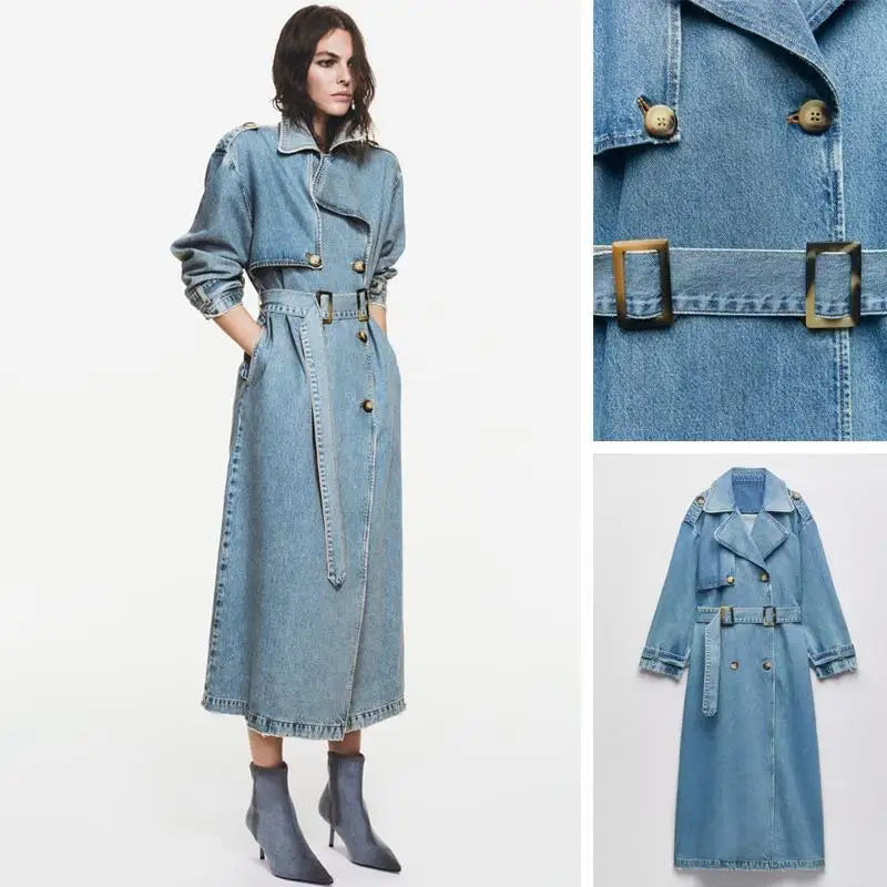 Denim Trench Coats For Women Belt On Waist Slim Jean Coats Ladies Jaqueta Feminina Blue Jean Jacket Woman