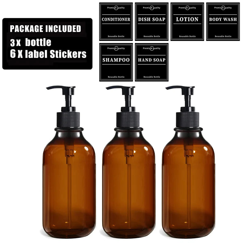 Brown Hand Soap Bottle Set with Sticker Shower Gel Household Shampoo Dispenser 500ml Liquid Container Bathroom Accessories