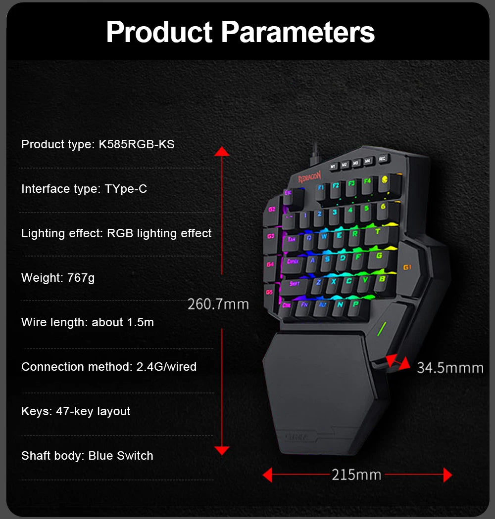 REDRAGON DITI ELITE K585 RGB 42 Key 2.4Ghz Wireless One-handed Mechanical Gaming Keyboard Blue Switch 7 Programmable Macro Keys