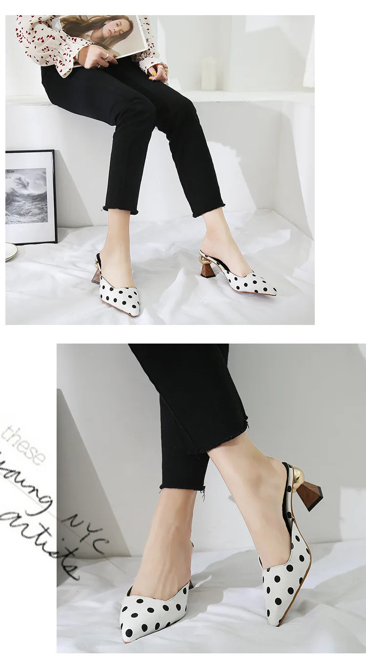 High Heel Slippers Pointed Toe Shoes Woman Elegant Mules Shoes Women Black White Dot Metal Heel Outdoors Womens Slippers E662