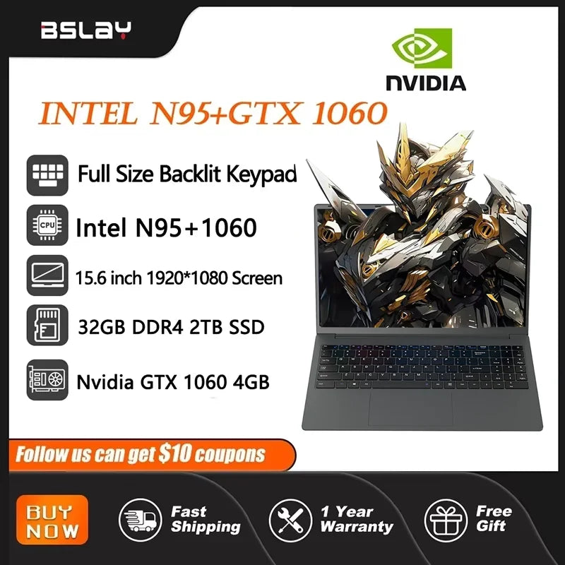 Gaming Laptop 15.6 Inch Intel N95 NVIDIA GTX 1060 4G 32GB RAM 2TB SSD DDR4 HD Camera Fingerprint Unlock Backlit Keypad Computer