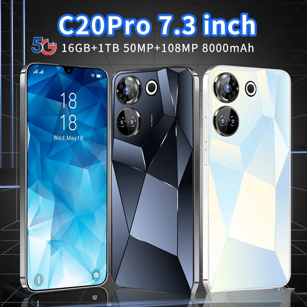 C20Pro Android Smartphone 7.3-inch HD Screen 16+1T Memory Hot Selling Cheap Mobile Phone for Foreign Trade S22 S23 Ultra