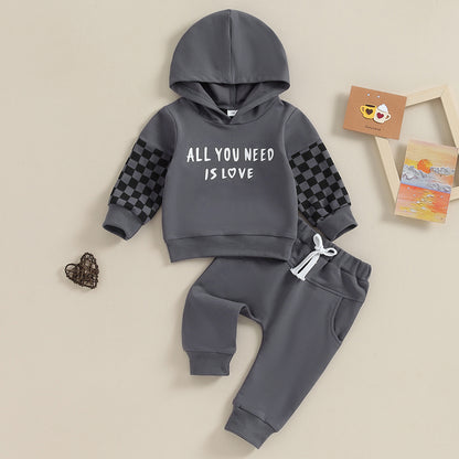 Pudcoco Newborn Baby Boys Pants Set, Long Sleeve Hooded Plaid Letters Print Hoodie Elastic Waist Sweatpants Infant Clothes 0-3T