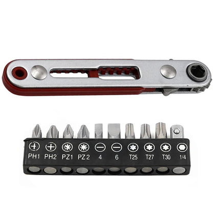 1Pc Flat Head Ratchet Wrench With 10 Pcs Screwdriver Bit 90 Degree Offset Screwdriver Handle With Bit Set Professional Hand Tool