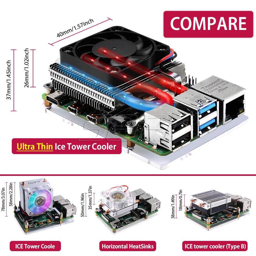 52Pi New Ultra Thin Ice Tower Cooler CPU Cooling Fan Radiator Heatsink for Raspberry Pi 4 Model B