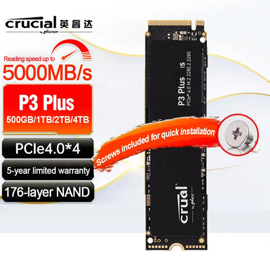 Crucial P3 Plus 500GB 1TB 2TB PCIe Gen4x4 SSD 3D NAND NVMe M.2 2280 Gaming Solid State Drive,up to 5000MB/s,Original and NEW