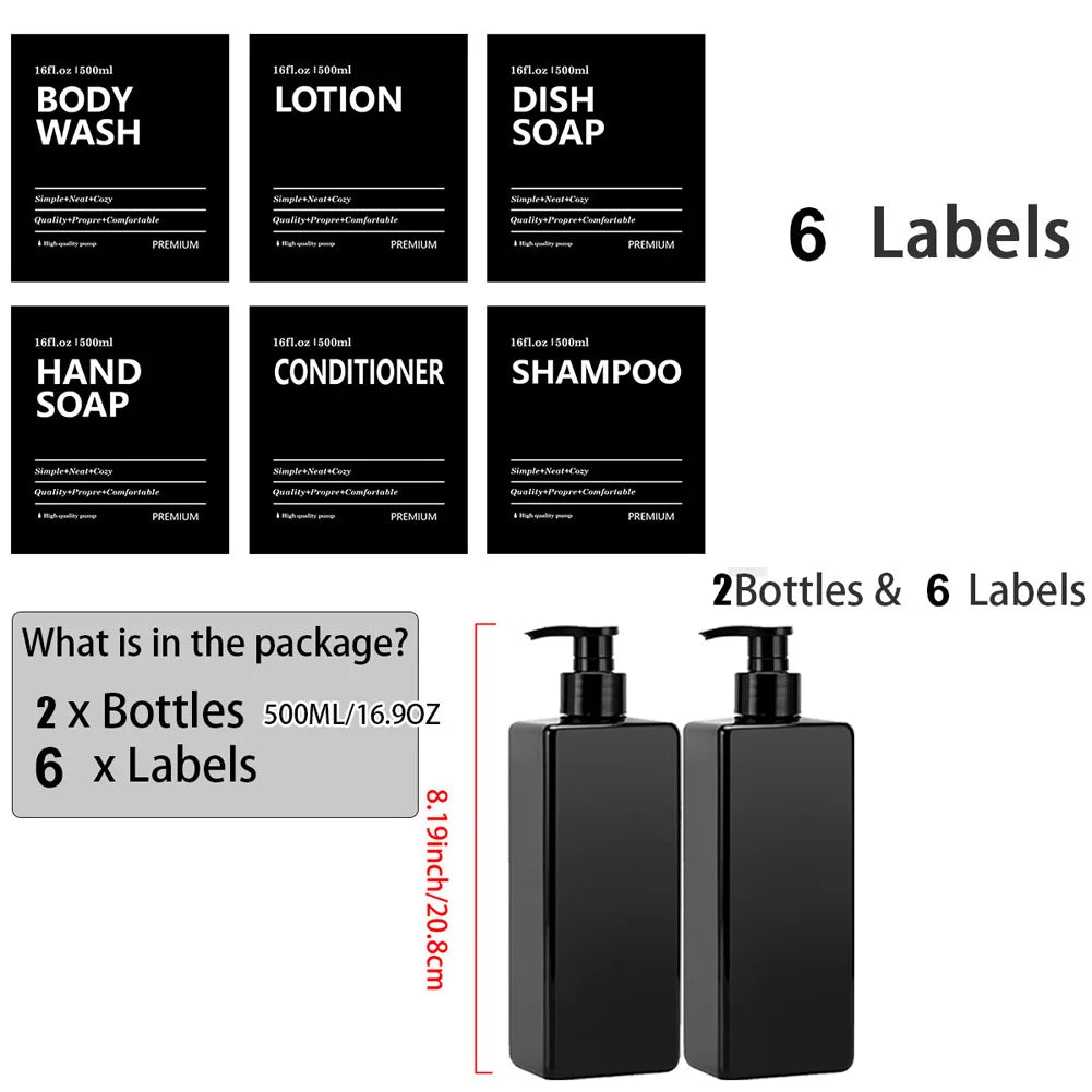 2x 500ml Refillable Square Soap Dispenser Bathroom Kitchen Liquid Storage Bottle Hand Dish Shampoo Container With Label Stickers