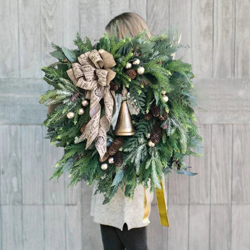 Farmhouse Christmas Wreath With Bells Door Pine Cone Decoration Artificial Geen Plants Simulation Flower Vine New Year Garland