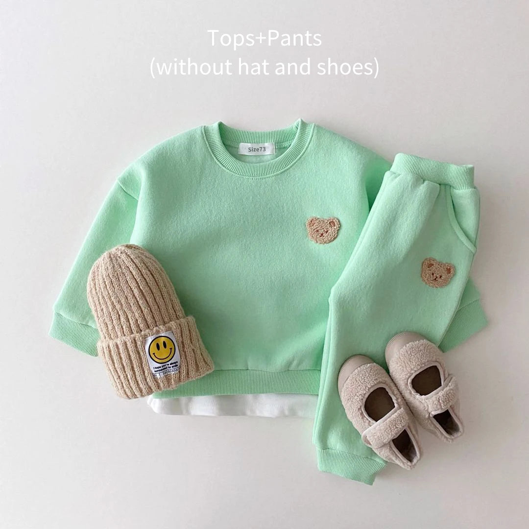 Baby Bear Embroidery  Fleece Pullover  Set  Sweatshirt Tops+Harem Jogger Pants Suits 2pcs Girls Boys  Lined Clothes