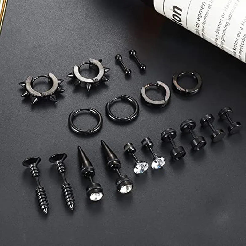 1-9 Pairs Black Stainless Steel Screw Stud Earrings For Men Women Piercing Small Huggie Hoop Earrings Set For Unisex