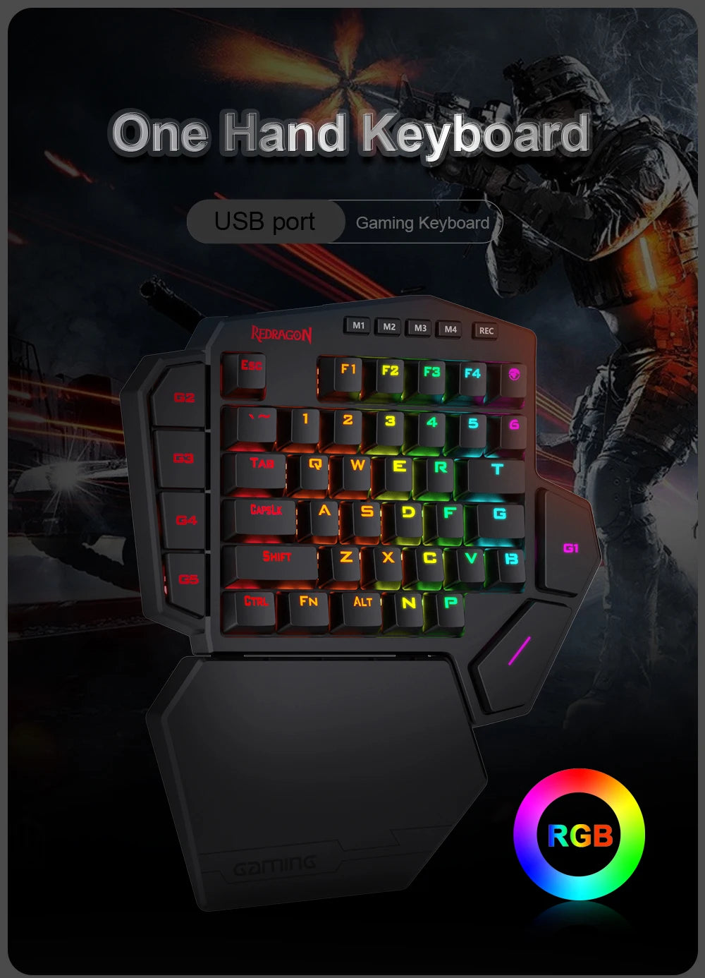 REDRAGON DITI ELITE K585 RGB 42 Key 2.4Ghz Wireless One-handed Mechanical Gaming Keyboard Blue Switch 7 Programmable Macro Keys