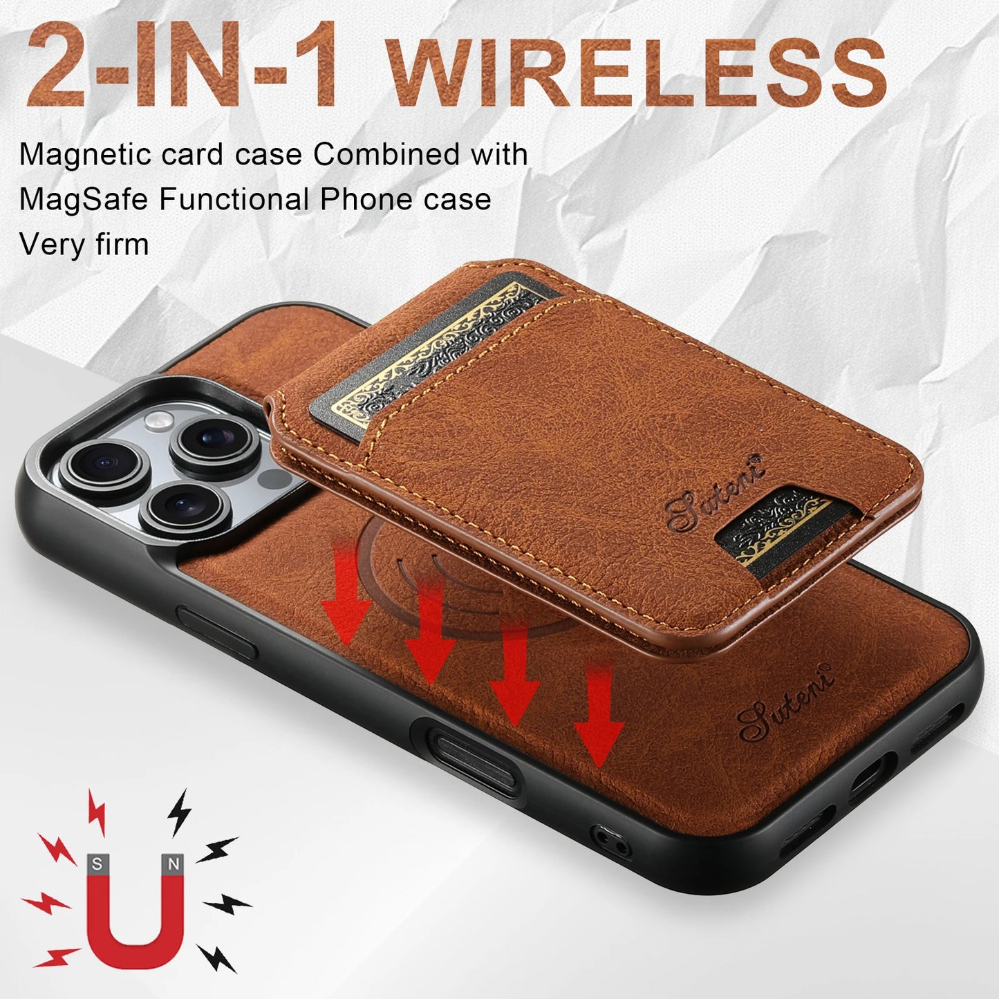 Leather Magnetic 2-in-1 Card Holder Wallet Phone Case Compatible with MagSafe Wireless Charging for iPhone 16ProMax 15Plus 14 13