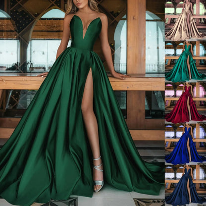 Burgundy Prom Party Strapless Dress Women‘s Sleeveless A-Line Slim Waist Dress Female Backless Wedding Evening Gown With Train