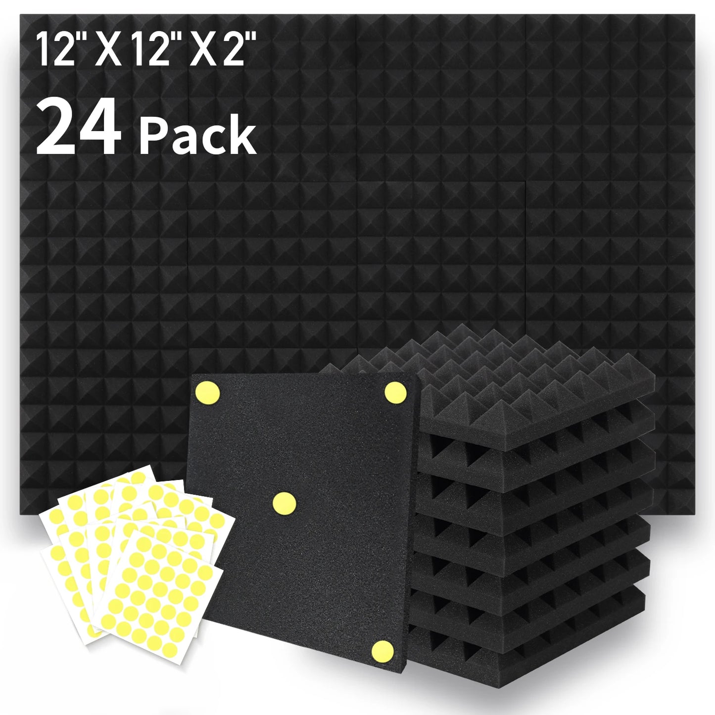 24 Packs Acoustic Foam Panels Pyramid 2" X 12" X 12", Soundproofing Foam Noise Cancelling Foam with 120 PCS Double-Side adhesive