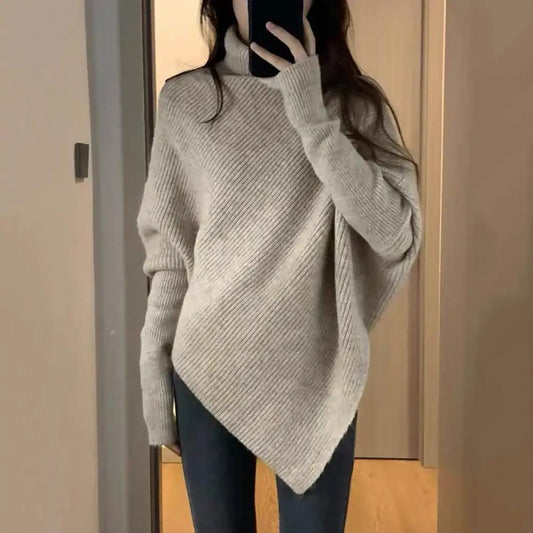 Turtleneck Sweater Women Baggy Fashion Design Pullover French Solid Color Thickened Knit Jumper Oversized Sweater