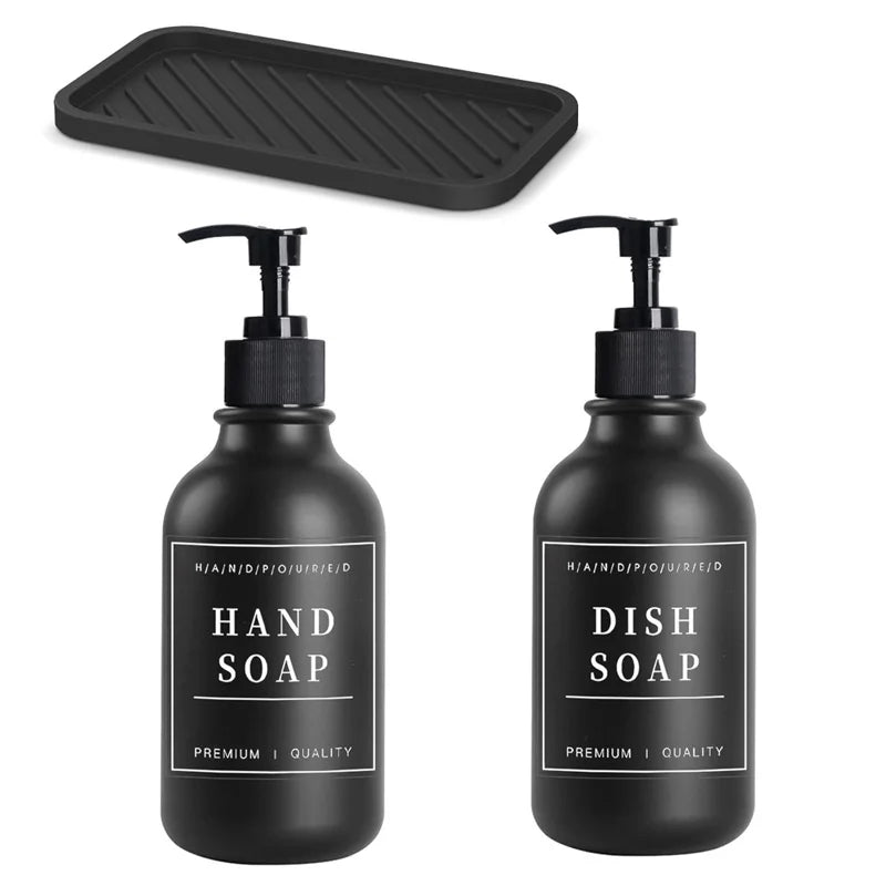 500ml Portable Empty Pump Dispenser Bottle Cylinder Shampoo Lotion Soap Hand Sanitizer Bottle with Tray 12 Label Bathroom