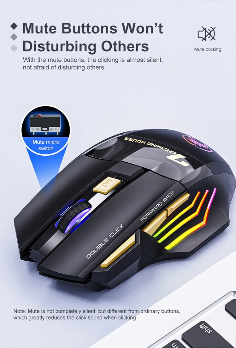 2023 New GW - X7 Free Double-click 2.4G Btooth Silent Rechargeable Dazzling Breathing Light Wireless Game Mouse 7 Keys