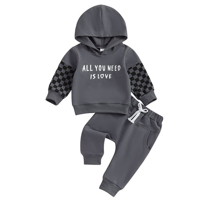 Pudcoco Newborn Baby Boys Pants Set, Long Sleeve Hooded Plaid Letters Print Hoodie Elastic Waist Sweatpants Infant Clothes 0-3T