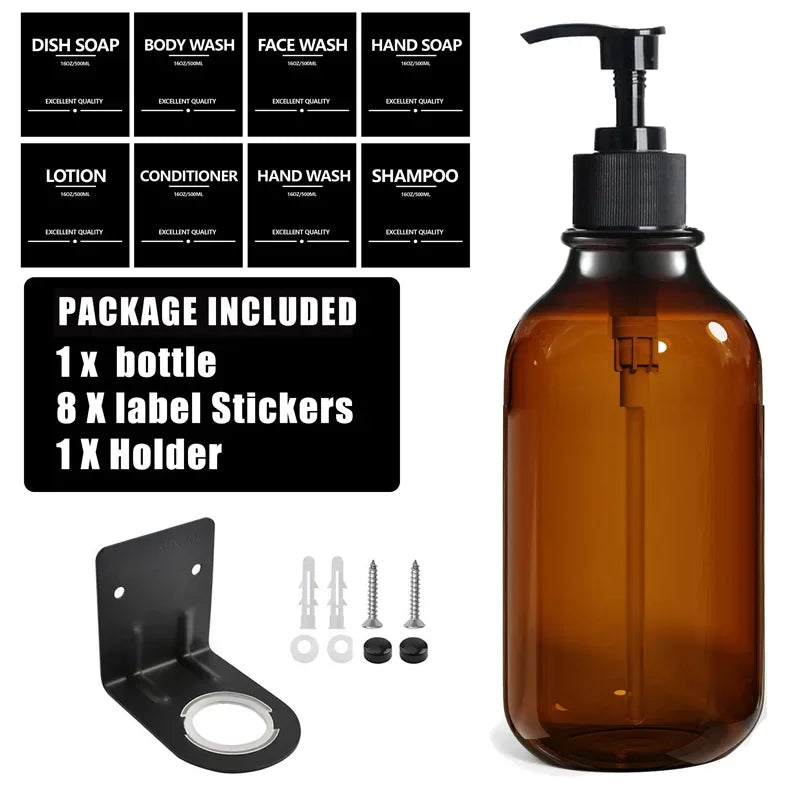 Brown Hand Soap Bottle Set with Sticker Shower Gel Household Shampoo Dispenser 500ml Liquid Container Bathroom Accessories