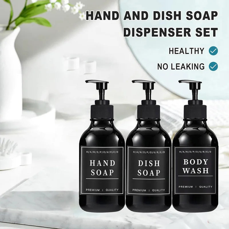 500ml Portable Empty Pump Dispenser Bottle Cylinder Shampoo Lotion Soap Hand Sanitizer Bottle with Tray 12 Label Bathroom