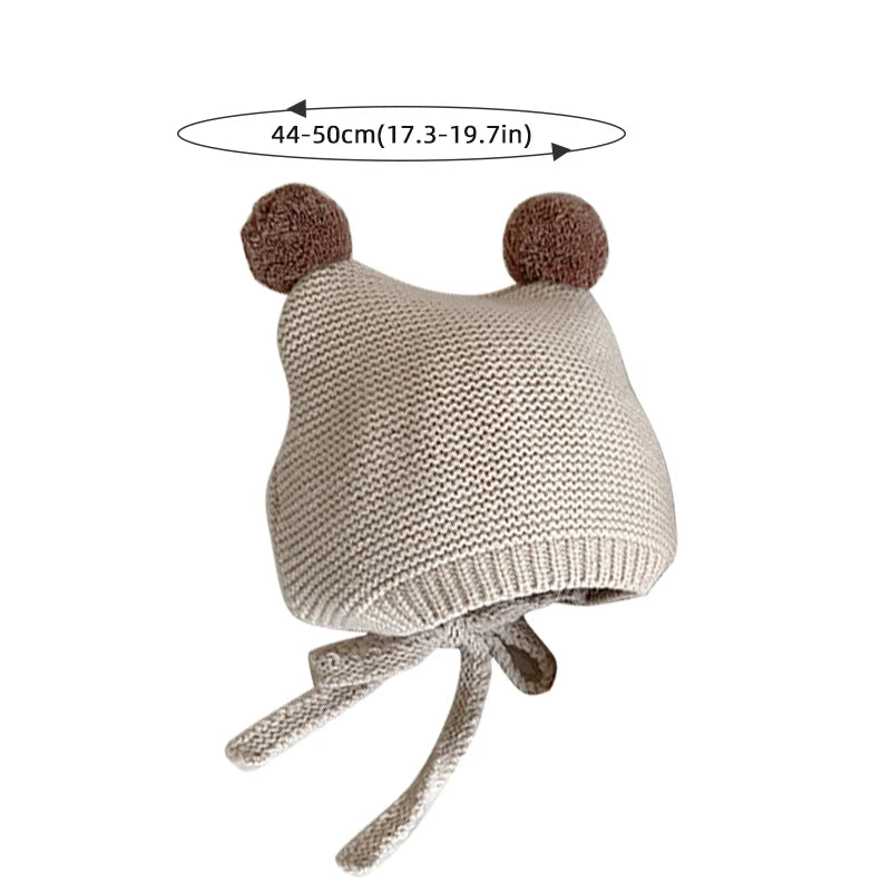 Korean Baby Ear Protection Hat Winter Warm Toddler Knitted Hat 2-24 Months Infant Woolen Crochet Bonnet Double Ball Kids Beanie