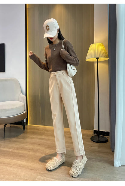 Woolen Pants Women's Harem Pencil Pants 2024 Autumn Winter High Waist Casual Pantalones Beige Black Women Ankle-Length Trousers