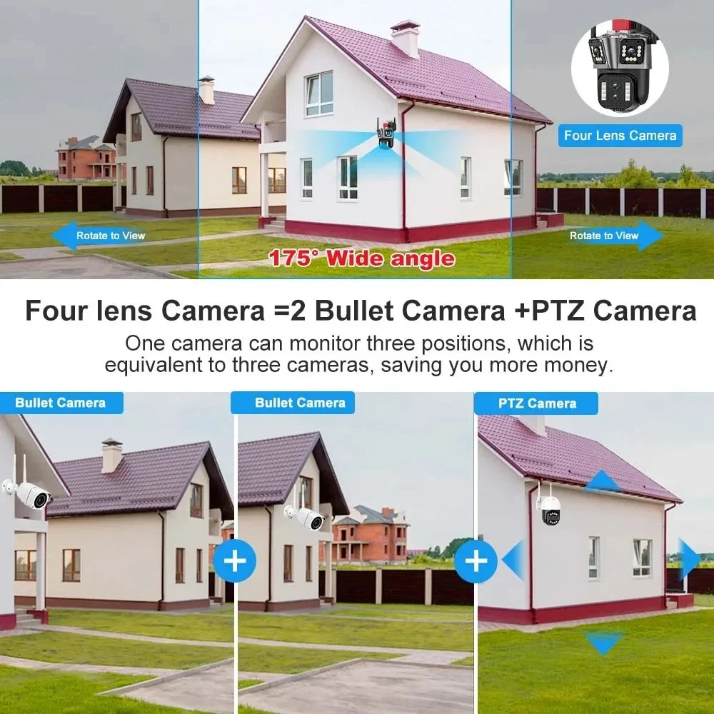 16MP 8K WiFi IP Camera 10X Zoom 4K Outdoor Security Camera AI Track Four Lens Three Screen Street 360° Surveillance PTZ Cameras