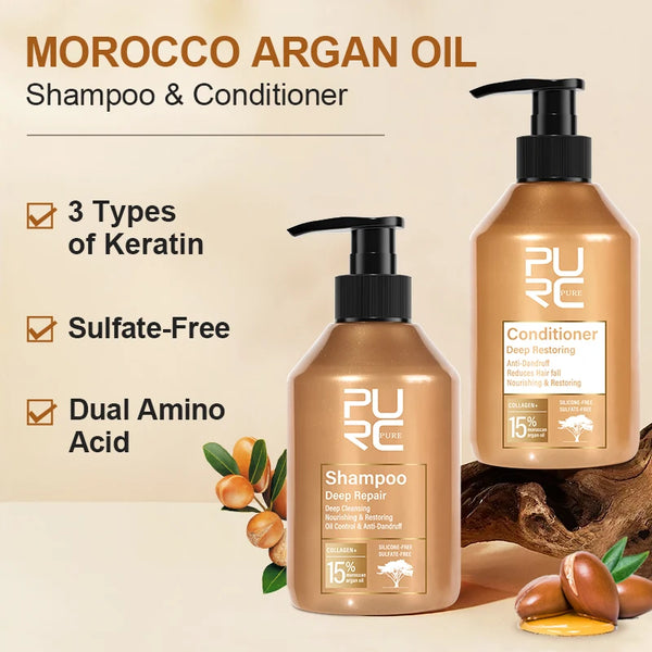 Set di shampoo e balsamo all'olio di argan PURC Morocco, trattamento lisciante e riparatore alla cheratina con aminoacidi, per capelli danneggiati, senza solfati.