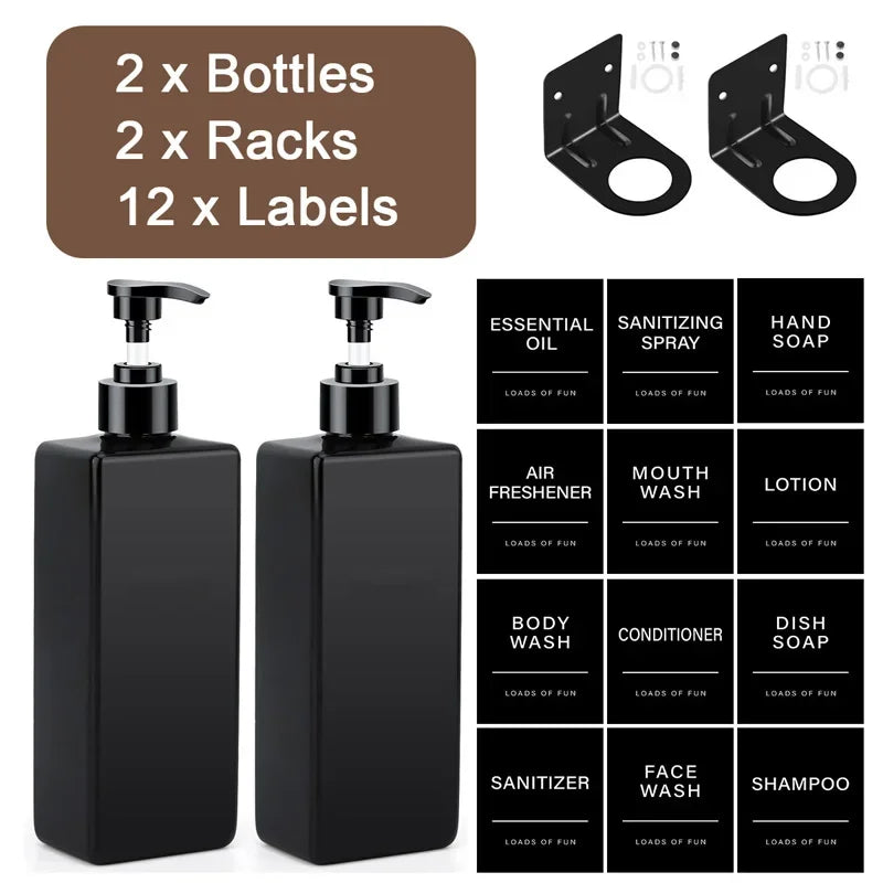 500ml Square Bottle With Label&amp;Rack Soap Dispenser Refillable Empty Shampoo Hand Sanitizer Conditioner Container for Bathroom