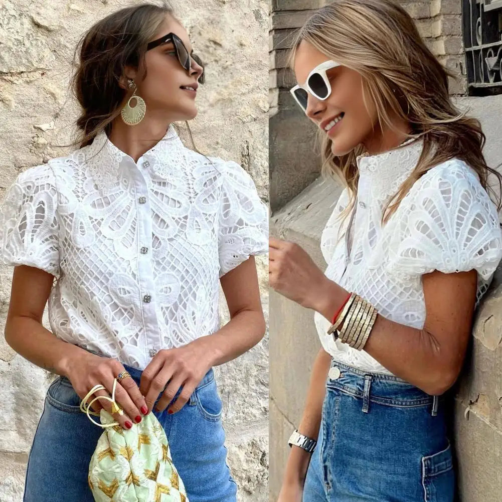 Shirt Top Women Lace Shirt Elegant Lace Crochet Blouse for Women Slim Fit Lapel Shirt with Puff Sleeves Button Closure Stylish