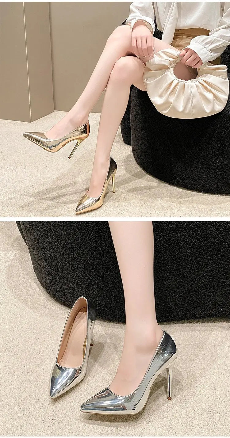 Soft Leather Sliver Gold High Heels 8/10cm Shoe Fashion Women Pumps Pointed Toe Slip-on Office Woman Wedding Shoes Large Size 43