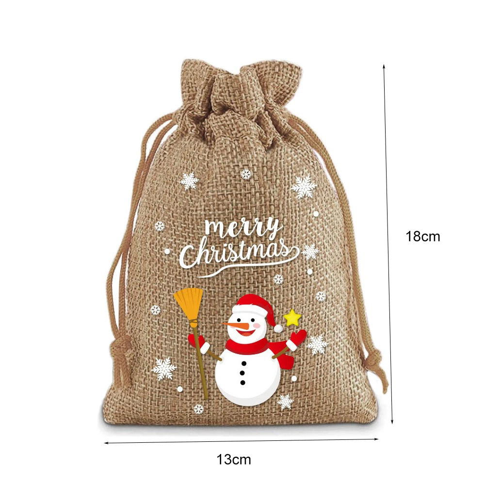 Linen Cotton Drawstring Bags Merry Christmas Decoration 2024 Christmas Navidad Natal New Year 2025 Packing Gift Candy Bag