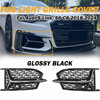 Glossy Black Car Front Bumper Grille Grill Cover For Audi S6 A6 C8 RS6 S-Line 2018 -2024 HONEYCOMB Fog Light Bezel Cover