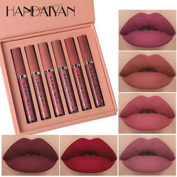 HANDAIYAN Set di 6 rossetti liquidi in tazza antiaderente, lucidalabbra a lunga tenuta, confezione regalo - Lucidalabbra con finitura opaca, resistente allo sbiadimento