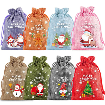 Linen Cotton Drawstring Bags Merry Christmas Decoration 2024 Christmas Navidad Natal New Year 2025 Packing Gift Candy Bag