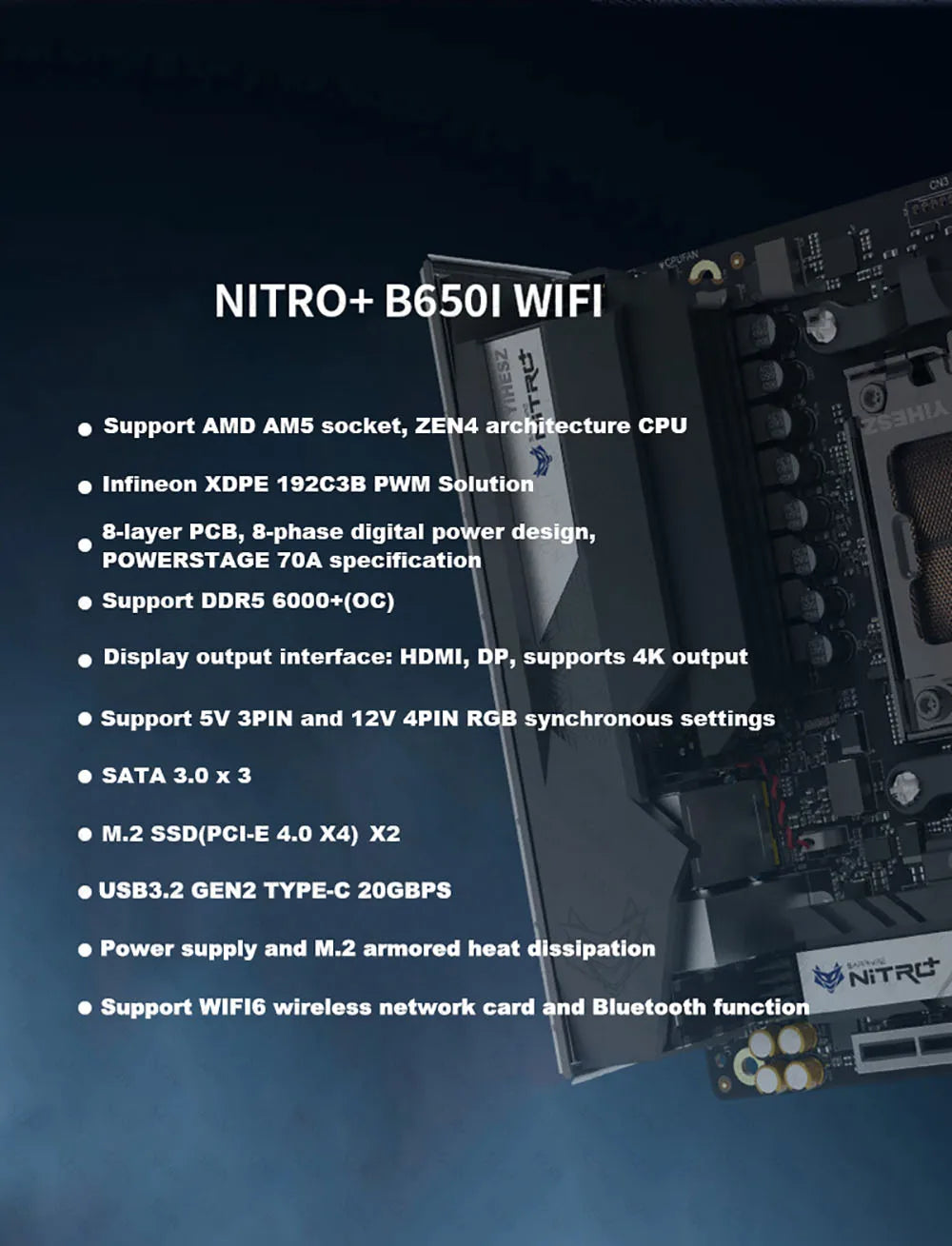 SAPPHIRE Nitro+ B650I Motherboard Set with AMD Ryzen 7 7700 DDR5 32GB 6000Mhz Support M2 NVME Onboard WIFI BT Modular Gaming Kit