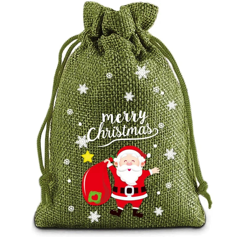 Linen Cotton Drawstring Bags Merry Christmas Decoration 2024 Christmas Navidad Natal New Year 2025 Packing Gift Candy Bag