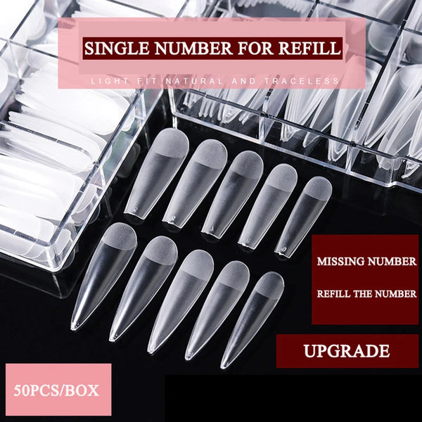 CHUNSHU Unghie finte taglia unica, 50 pezzi/scatola, unghie finte da premere, misure 0-9 separate, sistema di estensione in gel a copertura totale ultra sottile