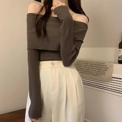 Spring Knitted Top Women's Off-shoulder Design Sensibility Niche Long Sleeve Base Layer Top Trendy Women's Knitwear