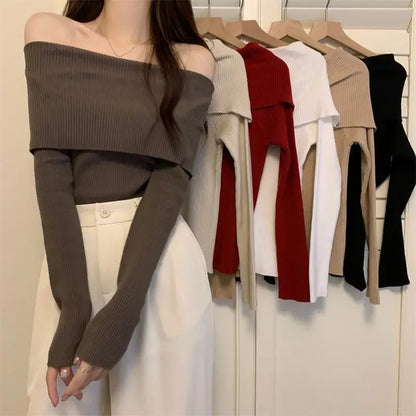 Spring Knitted Top Women's Off-shoulder Design Sensibility Niche Long Sleeve Base Layer Top Trendy Women's Knitwear