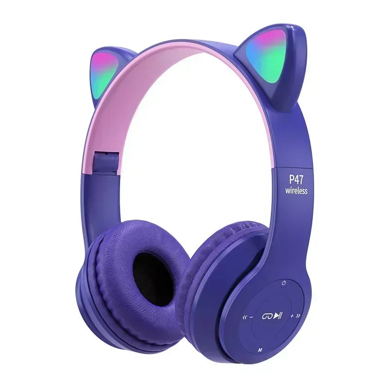 Hot P47M Wireless Headphone Flash Light Cute Cat Ears Fone with Mic Control LED Stereo Music Helmet Phone Bluetooth Headset Gift