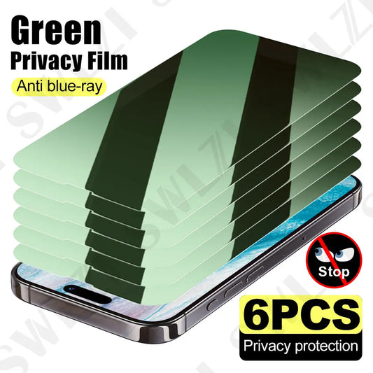 6Pcs Glass Smartphone Screen Protector for iPhone 16 15 Plus Green Light Privacy Protective Film 14 Pro 13 Tempered Glass 12 11