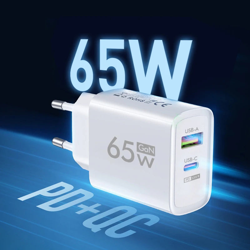 GAN 65W PD USB Charger Type C Charger Fast Charging Power Adapter for iPhone 15 Xiaomi Huawei Samsung Mobile Phone Quick Charger