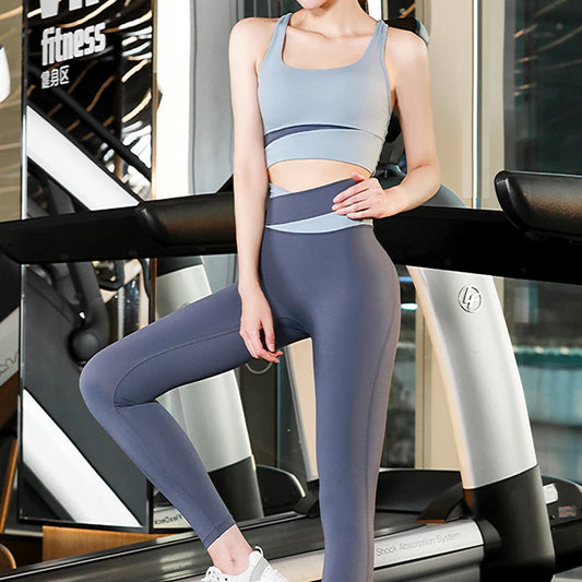 High Waist Yoga Set Lady Gym Suit Sport Set Shockproof Sport Bra Crop Top Patchwork Tracksuit Women Fitness Outfit Training Wear