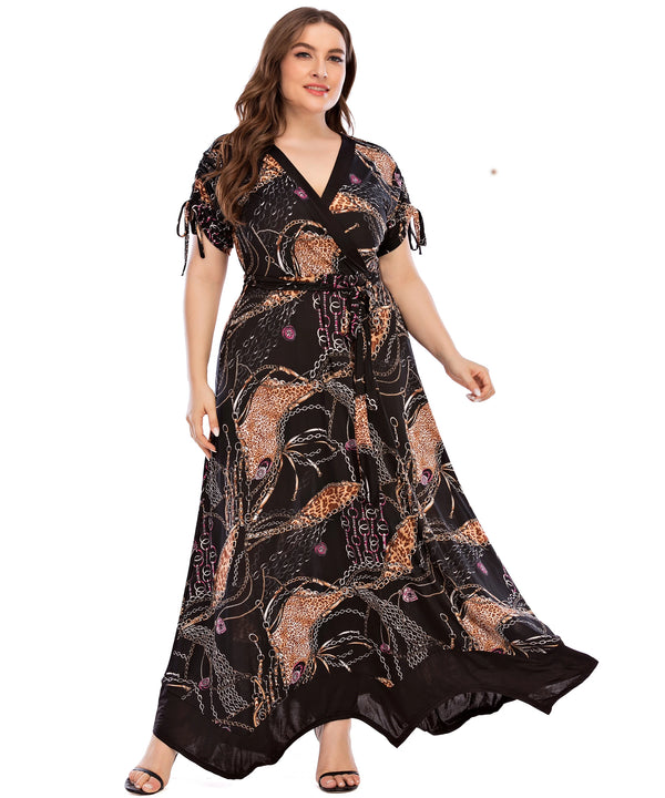 Abito taglie forti da donna , estivo, con scollo a V, manica corta, bianco e nero, con stampa a righe, abito casual, ampio e lungo.