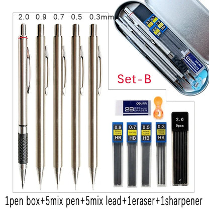 6pcs Metal Mechanical Pencil with Pen Box Lead Eraser Pencil Sharpener Set 0.3 0.5 0.7 0.9 1.3 2.0mm Art Sketch Automatic Pencil